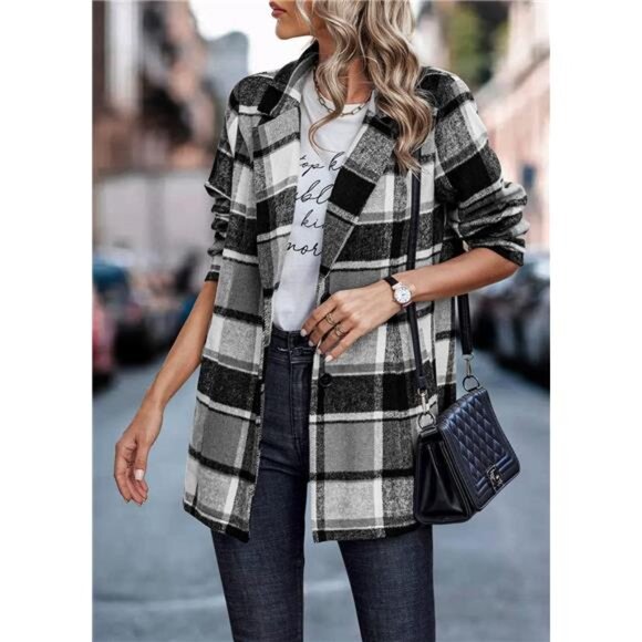 2024 Plaid Shacket Jacket Casual Button Wool Blend Winter Tartan Trench Coat - Picture 6 of 7
